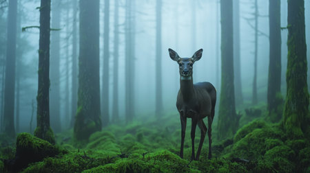 A serene deer stands amidst a misty forest, surrounded by tall trees and lush green moss, creating a tranquil, ethereal atmosphere.の素材