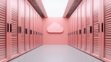 A modern data center with pink walls and server racks, featuring a cloud symbol, showcasing a blend of technology and design aesthetics.の素材