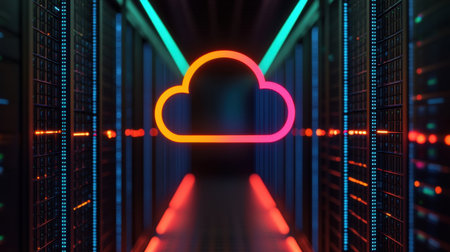 A vibrant cloud symbol illuminated between server racks, representing modern cloud computing technology and data storage solutions.の素材