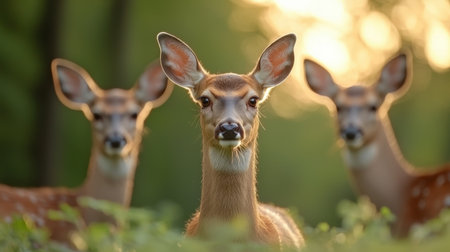 Three deer stand together, captured in a serene forest setting, illuminated by soft sunlight, showcasing their calm demeanor and distinctive features.の素材