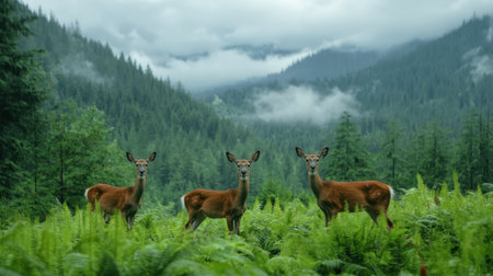 Three deer stand amidst lush green ferns and tall trees, with misty mountains shrouded in clouds in the background, creating a serene natural scene.の素材