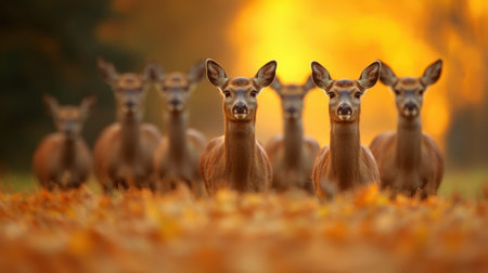 A line of deer stands closely together in a forest, surrounded by autumn leaves and a warm, golden background.の素材