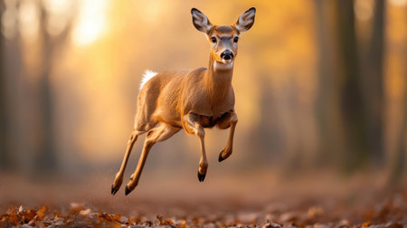 A graceful deer leaps through a forest, surrounded by autumn foliage, embodying the beauty of nature and wildlife in motion.の素材