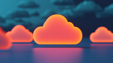 A vibrant, glowing cloud icon stands out against a dark, atmospheric backdrop, symbolizing digital storage and technology.の素材