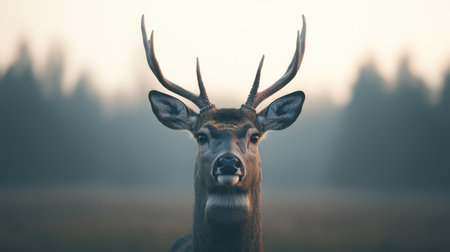 A majestic deer gazes forward, showcasing its impressive antlers against a softly blurred forest background.の素材