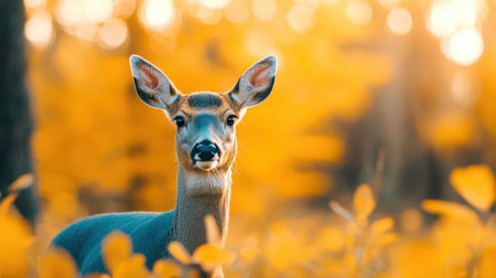 A serene deer stands amid vibrant autumn foliage, showcasing its gentle beauty in a warm, colorful setting.の素材