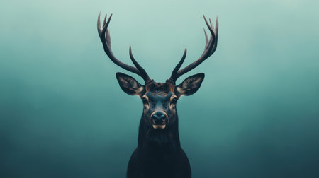 A majestic deer with large antlers stands against a misty, muted green background, exuding an aura of tranquility and mystery.の素材