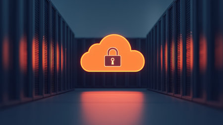 A cloud symbol with a padlock represents secure data storage in a modern server environment, highlighting cybersecurity and digital protection.の素材