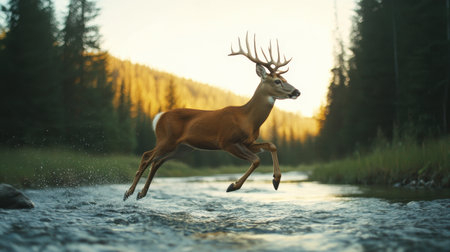 A majestic deer leaps gracefully over a sparkling stream, surrounded by lush greenery and golden sunlight filtering through tall trees.の素材
