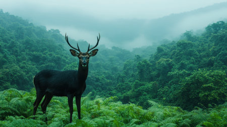 A majestic deer stands amidst lush greenery and misty mountains, creating a serene and enchanting nature scene.の素材
