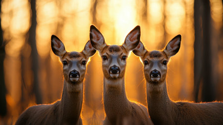 Three deer stand together in a forest, illuminated by a warm sunset, creating a serene and captivating natural scene.の素材