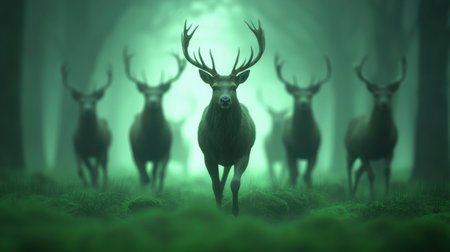 A mystical forest scene featuring a group of deer with impressive antlers, illuminated by a soft green glow.の素材