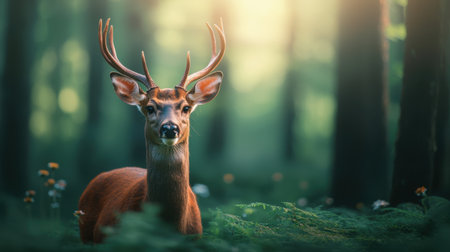 A majestic deer stands in a sunlit forest, showcasing its antlers among lush greenery and wildflowers.の素材