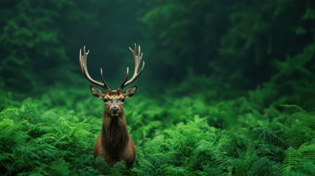 A majestic deer stands amidst lush green ferns in a serene forest, showcasing its impressive antlers against a backdrop of dense foliage.の素材