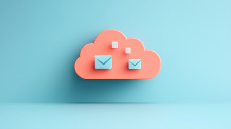 A stylized cloud with two envelopes symbolizes email communication and cloud storage, set against a soft blue background.の素材