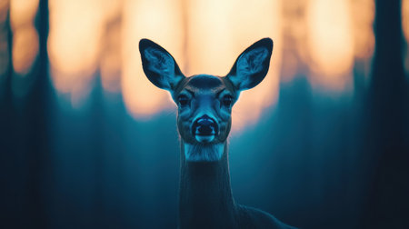 A striking close-up of a deer against a soft, blurred background, capturing the animal's gaze in a serene twilight setting.の素材