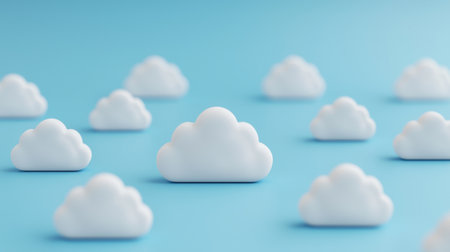 A whimsical arrangement of fluffy clouds against a serene blue background, creating a playful and dreamy atmosphere.の素材