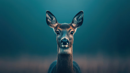 A close-up of a deer looking directly at the viewer with a soft, blurred background, creating a serene and captivating atmosphere.の素材
