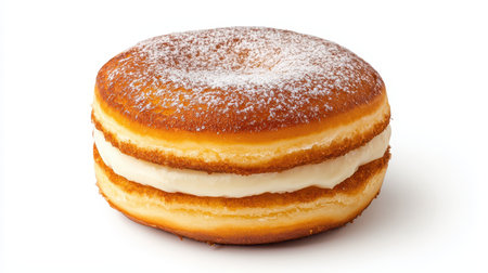 A fluffy, layered donut filled with creamy filling and dusted with powdered sugar, perfect for a sweet treat.の素材