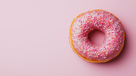 A pink frosted donut with colorful sprinkles on a soft pink background, creating a delightful and tempting dessert aesthetic.の素材
