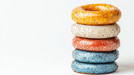A stack of colorful, frosted donuts in various flavors, showcasing their vibrant textures and appealing designs against a light background.の素材