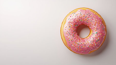 A colorful pink donut with sprinkles sits on a light background, showcasing its sweet, inviting appearance.の素材