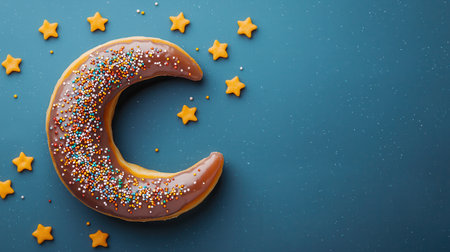 A crescent-shaped donut topped with sprinkles, surrounded by small stars on a blue background, creating a whimsical dessert scene.の素材
