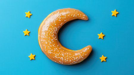 A crescent-shaped donut sprinkled with sesame seeds, surrounded by yellow stars on a bright blue background.の素材