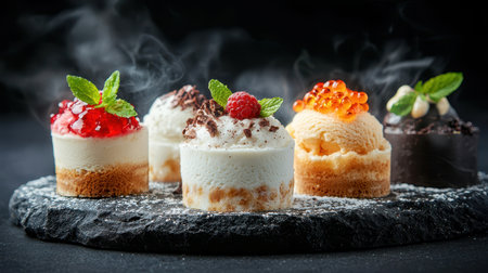 A vibrant display of miniature desserts topped with fruits and cream, elegantly presented on a dark stone surface.の素材