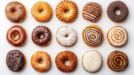 A vibrant array of assorted donuts, showcasing various flavors and toppings, arranged neatly in rows for an enticing display.の素材