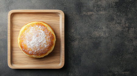 A round, golden pastry dusted with powdered sugar sits on a wooden tray against a dark textured background.の素材