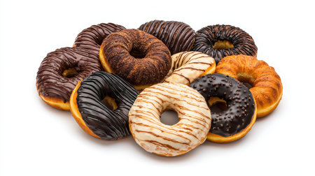 A delicious assortment of chocolate and glazed donuts piled together, showcasing various toppings and colors.の素材