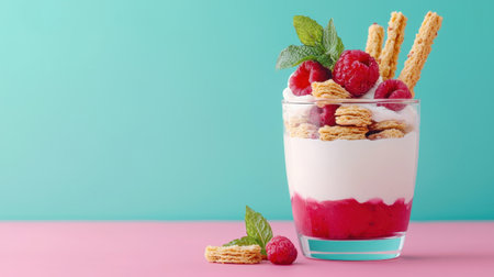 A vibrant parfait featuring layers of yogurt, raspberry sauce, crunchy wafers, and fresh raspberries, set against a pastel background.の素材