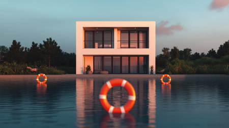 A modern house by a tranquil pool with lifebuoys floating, surrounded by lush greenery during a serene sunset.の素材