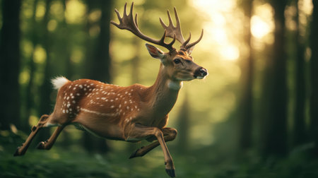A majestic deer with antlers leaps through a sunlit forest, showcasing its grace amidst the vibrant greenery.の素材