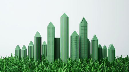 A vibrant cityscape of green buildings emerging from lush grass, symbolizing sustainability and eco-friendly architecture.の素材