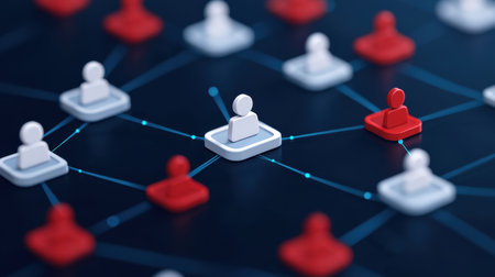 A digital network visualization featuring interconnected human figures in red and white, symbolizing relationships or data connections.の素材