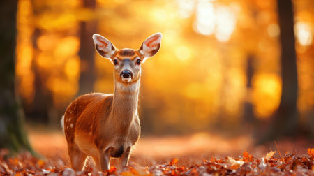A serene deer stands amidst a vibrant autumn landscape, surrounded by colorful foliage and soft sunlight filtering through trees.の素材