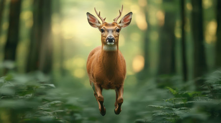 A majestic deer leaps gracefully through a serene forest, surrounded by lush greenery and soft sunlight filtering through the trees.の素材