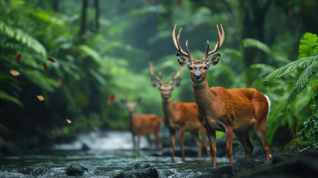 A serene scene of deer standing in a lush green forest near a stream, showcasing nature's tranquility and wildlife.の素材