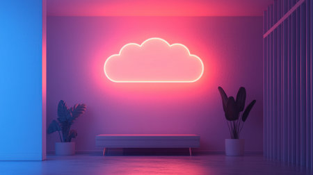 A modern room features a neon cloud sign on the wall, complemented by potted plants and a stylish bench, illuminated with soft pink and blue lighting.の素材