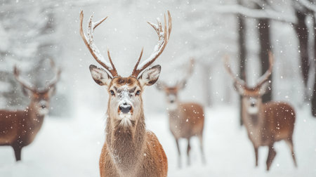 A majestic stag stands in a snowy forest, surrounded by other deer, showcasing nature's beauty in a serene winter landscape.の素材
