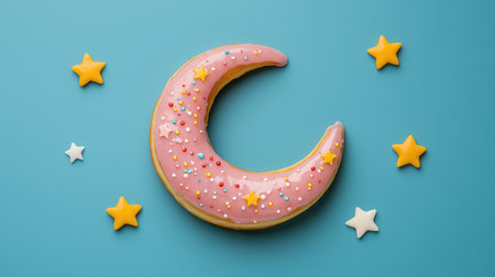A whimsical pink crescent moon donut surrounded by bright yellow and white stars on a teal background.の素材