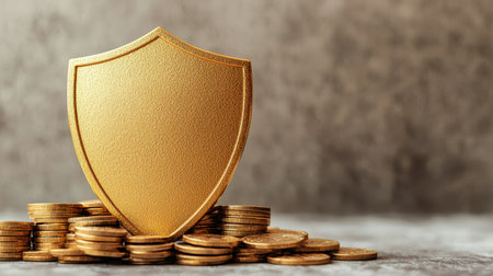 A golden shield rests atop a stack of coins, symbolizing security, protection, and financial safety.の素材