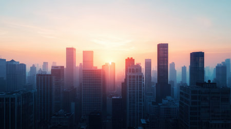 A breathtaking skyline at sunrise, showcasing towering buildings shrouded in mist, with soft hues of orange and blue reflecting the dawn.の素材