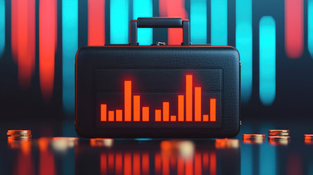 A stylish black briefcase with an illuminated bar graph design stands against a vibrant, colorful background, symbolizing finance and data analysis.の素材