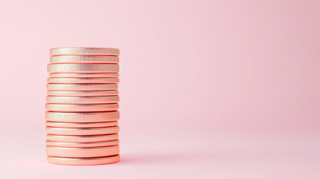 A stack of shiny coins on a soft pink background, symbolizing wealth and savings.の素材