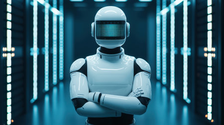 A futuristic robot stands confidently in a high-tech corridor, illuminated by blue lights, symbolizing advanced technology and innovation.の素材