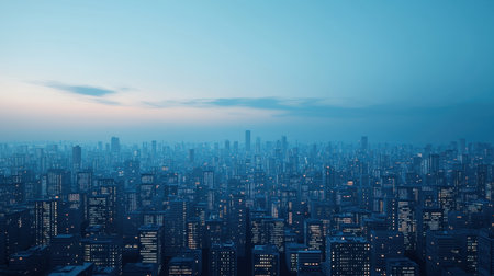 A panoramic view of a sprawling cityscape at dusk, featuring numerous buildings illuminated against a blue-hued sky.の素材