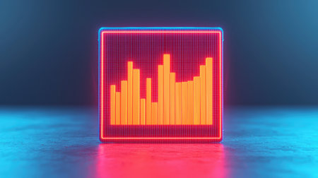 A vibrant, digital bar graph with neon colors against a dark backdrop, representing data visualization and analytics.の素材